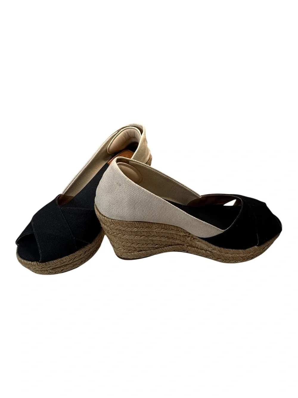 Tory Burch Black Cream Canvas Embroidered Logo Peep Toe Espadrille Wedge Shoes 7